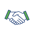 Icon of two hands shaking, outlined in navy blue, with green wrists