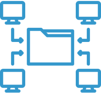 Icon of a data repository with a file folder in the middle surrounded by 4 computers with arrows pointing in to the folder.