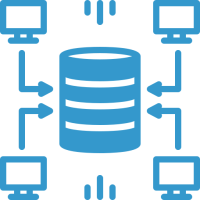 Icon of a data servier surrounded by computers that are all sending data to it for storage.