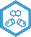 blue outlined hexagon with blue outlined open capsule and chemical structure in it