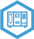 Blue outlined hexagon with blue machine in it
