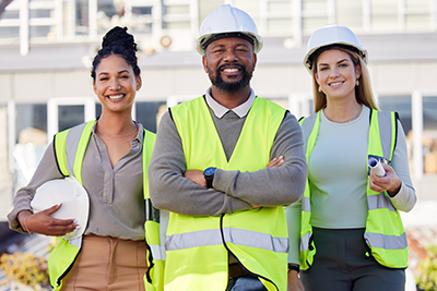 Architect, leader and black man construction worker smiling in portrait.