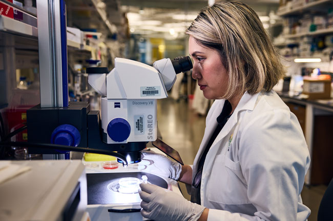 A female researcher wearing a white lab coat looks at a specimen through a microscope.