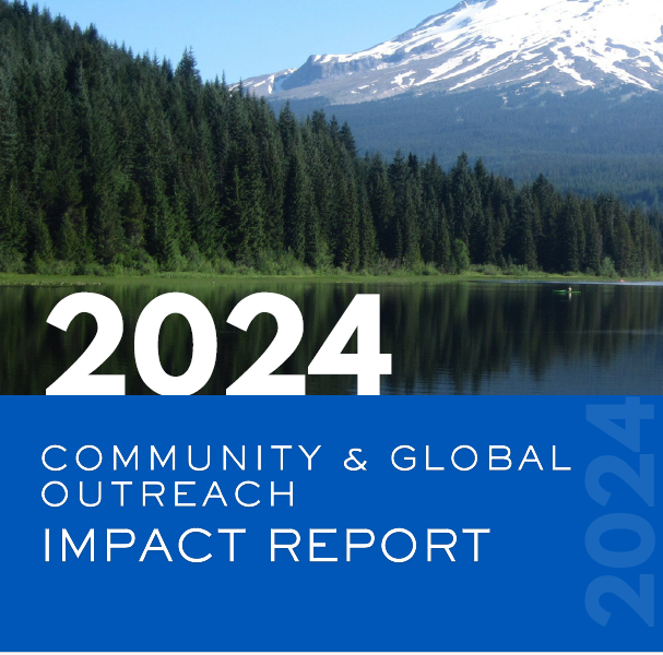 Mt. Hood and forest in the background with "2024 Impact Report" writing in white at the bottom.