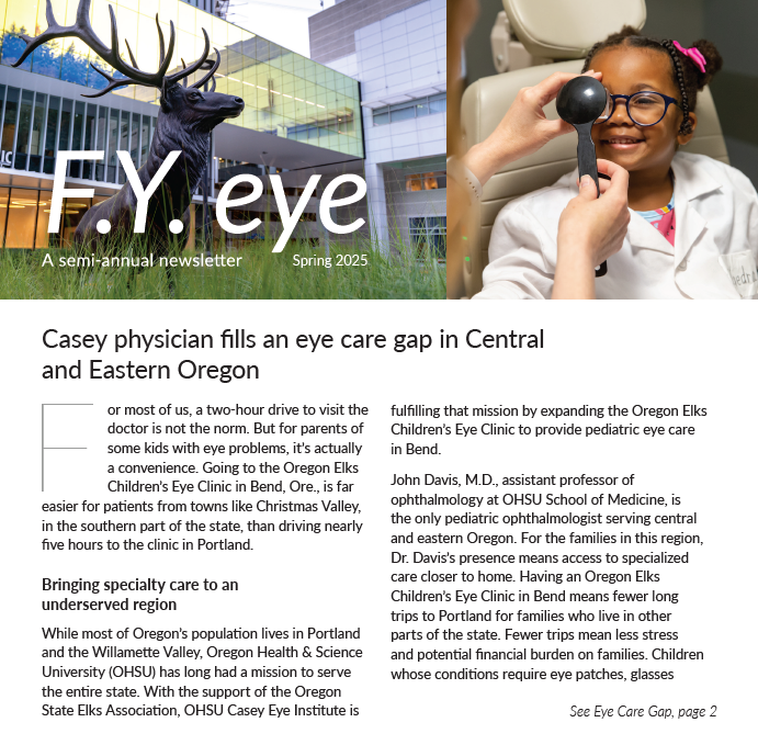 Two photos split the top with the title "FY Eye" overlaying a photo of an elk statue on the right and a photo of a young girl wearing glasses getting an eye exam on the right. Below the images is text.