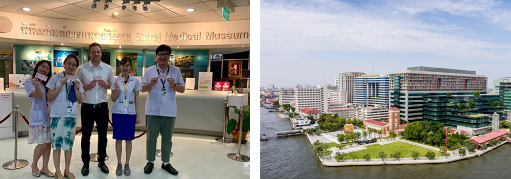 On the left, five pediatric residents standing in a line holding up tickets at a museum. On the right, an aerial view of a hospital in an urban area surrounded by a river.