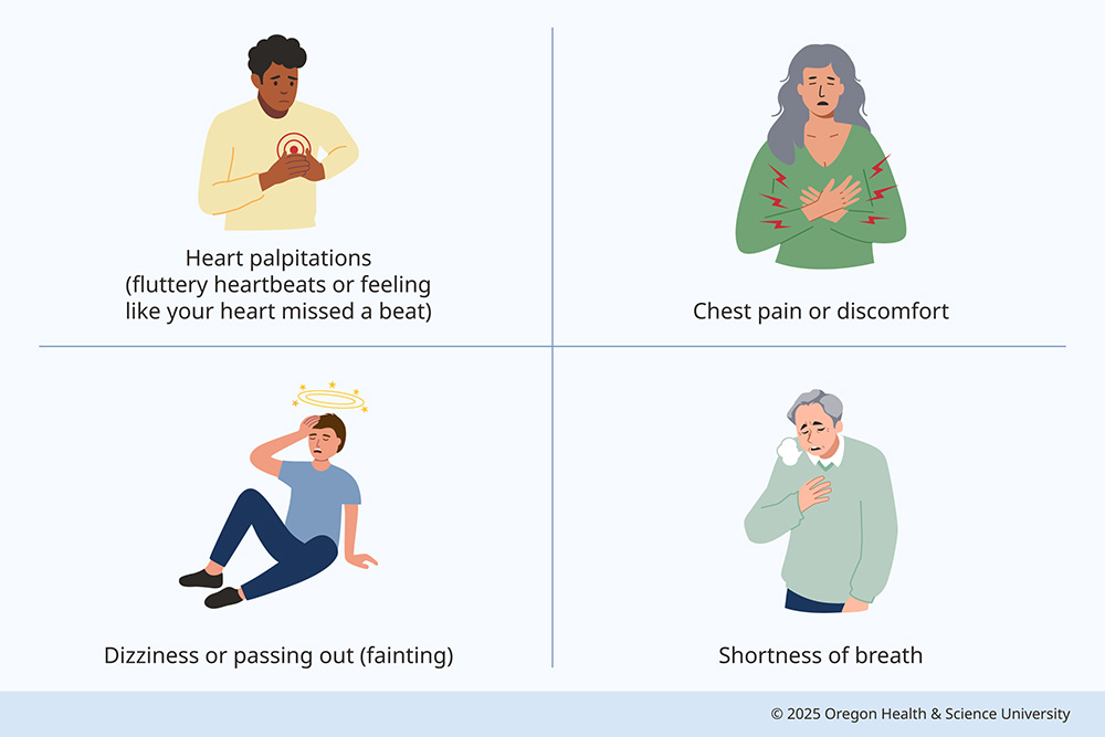 A graphic shows people of different ethnicities and ages with common symptoms of severe aortic valve stenosis: heart palpitations (fluttery heartbeats or feeling like your heart missed a beat); chest pain or discomfort; dizziness or passing out (fainting); shortness of breath.