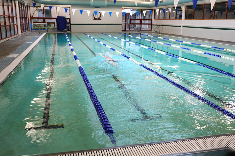 OHSU's swimming pool with empty lanes.
