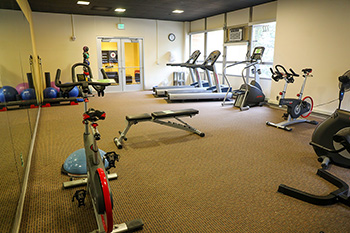 A variety of exercise machines and equipment in the Wellness room.