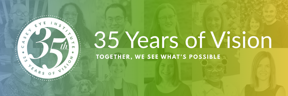 A mosaic of headshot photos behind a blue, green and yellow overlay. A 35th anniversary badge is on the left, with "35 years of Vision. Together, we see what's possible" on the right. 