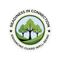 Circular logo for Readiness in Connection on a black background. The outer ring reads "READINESS IN CONNECTION" along the top and "ENHANCING GUARD WELL-BEING" along the bottom, separated by two black stars. The inner circle features an illustration of three green trees on a rolling green hill against a light blue sky.