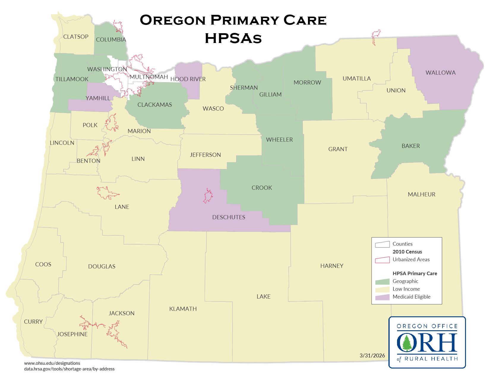 Oregon Primary Care HSPAs Map