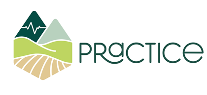 Logo featuring stylized mountains in dark green and light green above rolling hills and a beige field, accompanied by the word "PRACTICE" in modern, rounded green font. Design conveys themes of nature, agriculture, or outdoor activity with clean, simple shapes and earthy colors.
