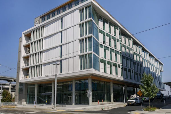 Knight Cancer Research Builind. Rectangular modern looking building. 